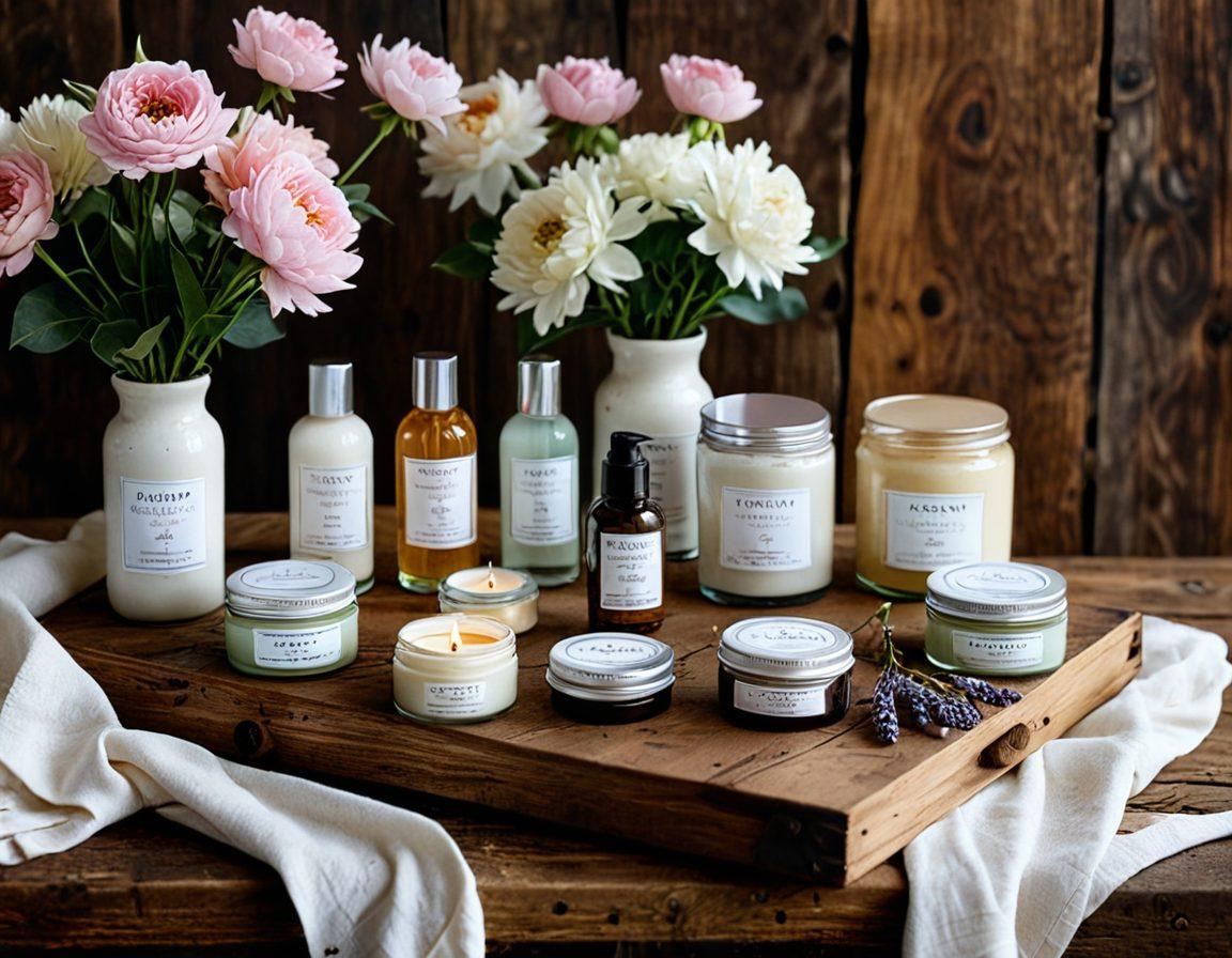 A stunning display of various handmade beauty products, including artisanal skincare and handcrafted cosmetics, elegantly arranged on a vintage wooden table. Surrounding them are delicate flowers and soft fabrics that evoke a sense of elegance and style. Warm, inviting lighting accentuates the textures of the products. The background features subtle hints of nature, enhancing the organic and unique feel of craftsmanship. vibrant colors. super-realistic.