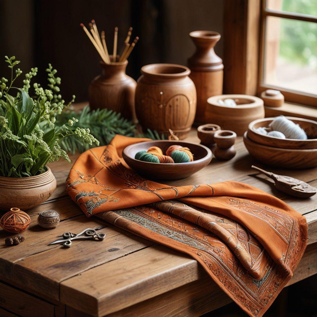 A close-up view of beautifully crafted handmade accessories and garments displayed on a rich wooden table. Showcase intricate details such as unique stitching, vibrant fabrics, and artisan tools in the background. Soft natural light illuminates the textures, evoking a sense of elegance and warmth. Enhance the scene with a subtle touch of greenery for balance. hyper-realistic. warm colors. soft focus.