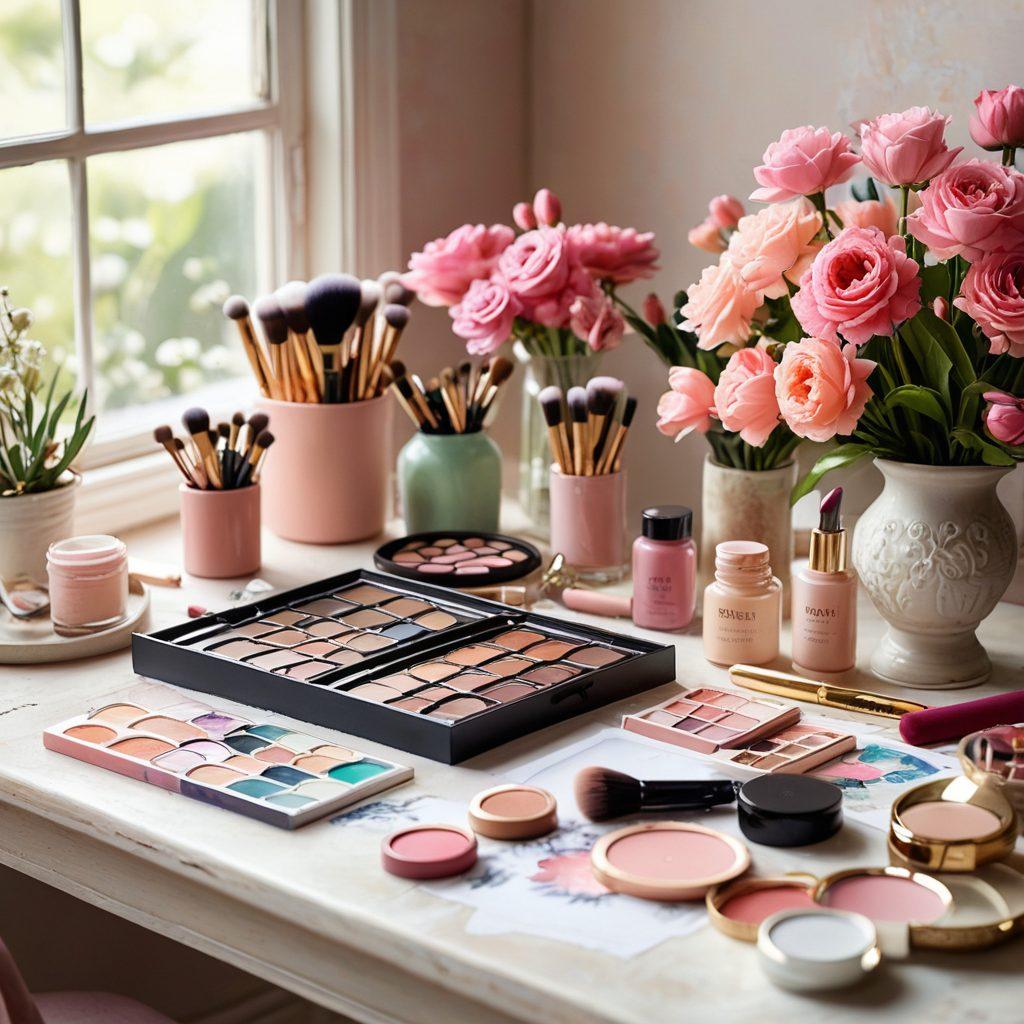 A serene workspace showcasing the transformation of beauty concepts into artistic creations, featuring elegant makeup tools, vibrant palettes, and sketches of innovative beauty styles. Soft natural light illuminates the space, enhancing the unique elegance of the setup. Include florals and textures to emphasize creativity. super-realistic. vibrant colors. soft focus.